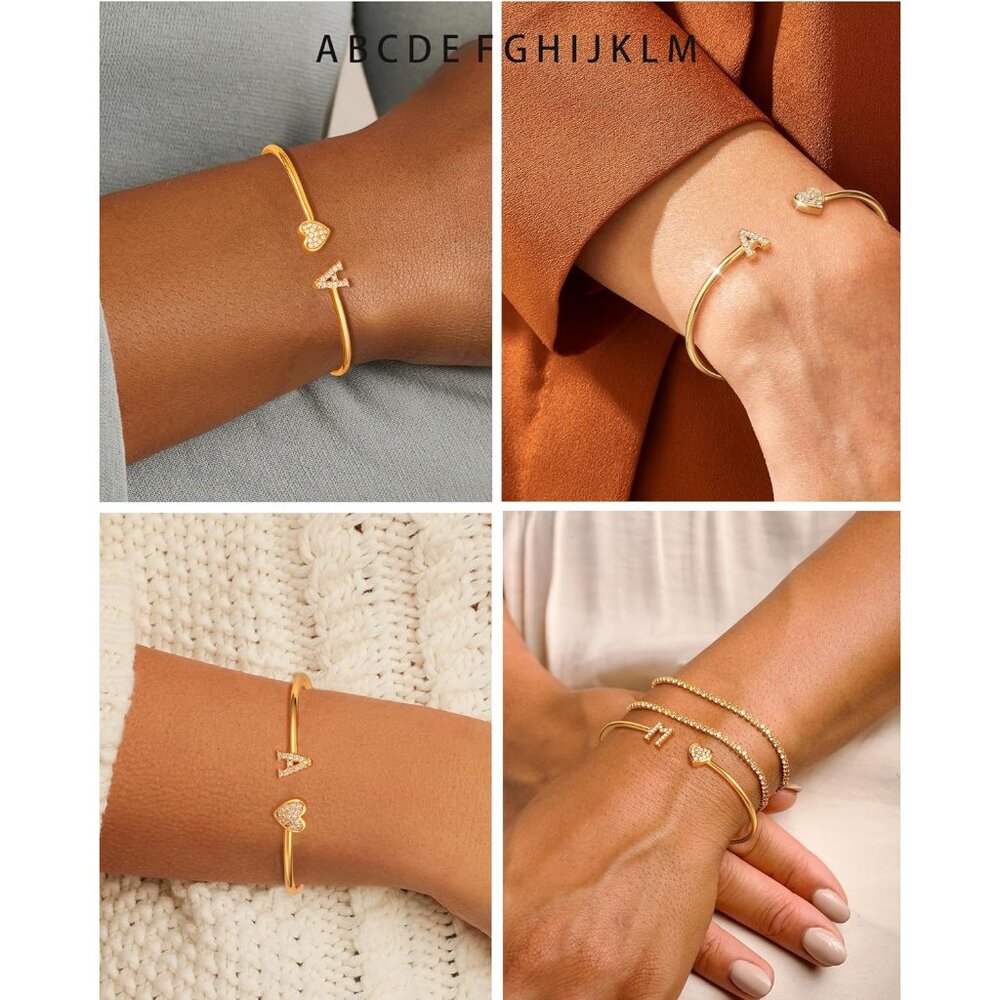 Adjustable Gold Initial Heart Bangle Bracelet For… - image 4